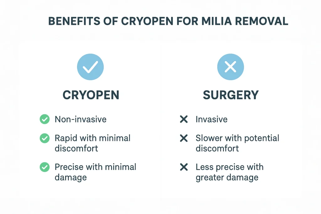 Benefits of cryopen for milia removal Wembley Park compared to surgical treatments.