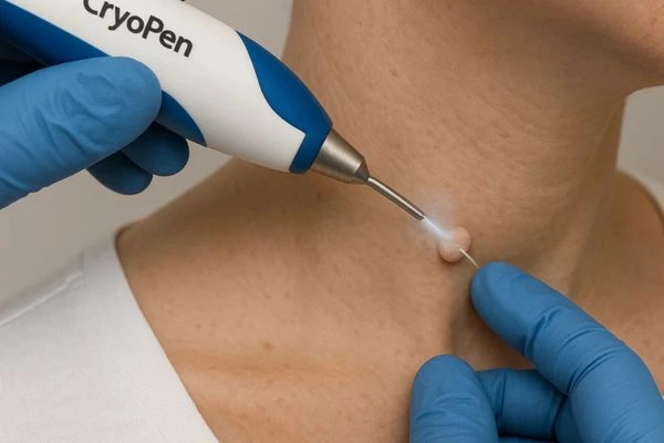 Person receiving cryotherapy Wembley Park for skin tag removal