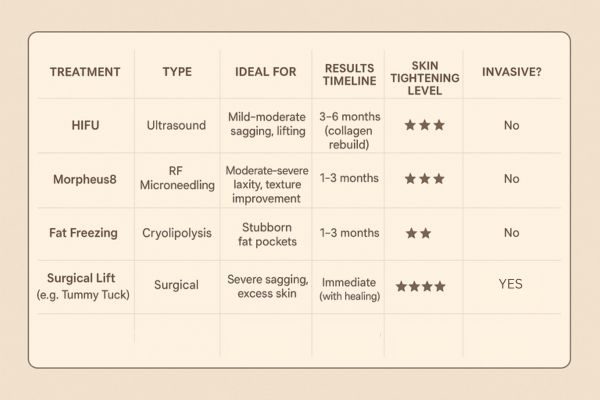 Table showing the comparisons of Skin tightening Wembley Park treatment options.